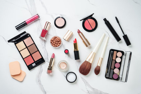 Make up products at white marble background. Cosmetic palette, brushes, mascara and lipsticks. Flat lay.の写真素材