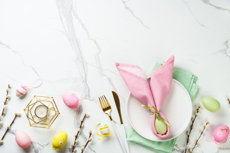 Easter food with decorations on white background.