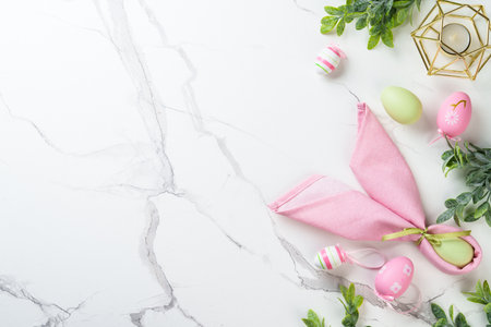Easter eggs on white background. Flat lay image with copy space.の写真素材
