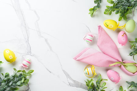 Easter composition with Bunny ears, colored eggs and green plants on white background.の写真素材