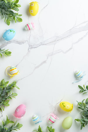 Easter eggs on white background. Easter Flat lay with copy space, vertical.の写真素材