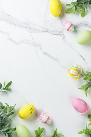 Easter eggs on white background. Easter Flat lay with copy space.の写真素材