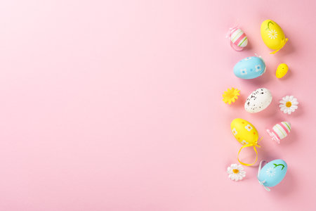 Easter eggs on colored background. Flat lay with copy space.の写真素材