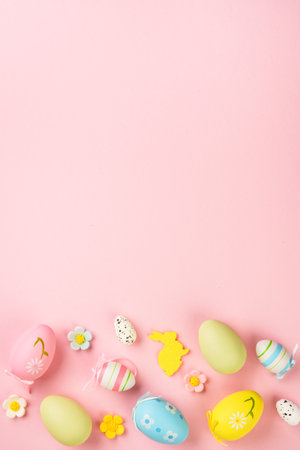 Easter eggs on pink background. Flat lay, vertical.の写真素材