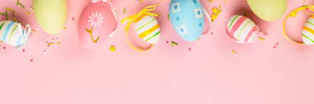Easter background with colored eggs on pink. Web banner format.の写真素材