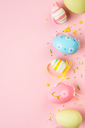 Easter eggs and decorations on pink background. Flat lay image with copy space.の写真素材
