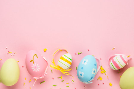 Easter eggs on colored background. Flat lay with copy space.の写真素材