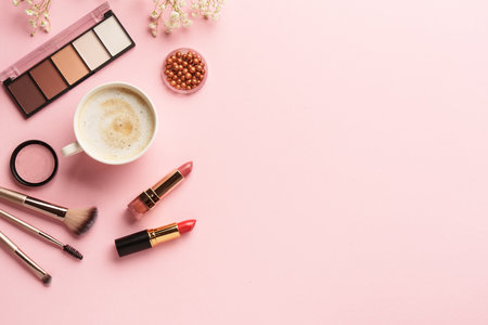 Woman flat lay on pink background. Eyeshadow, highlighter, lipsticks and cup of coffee..の写真素材