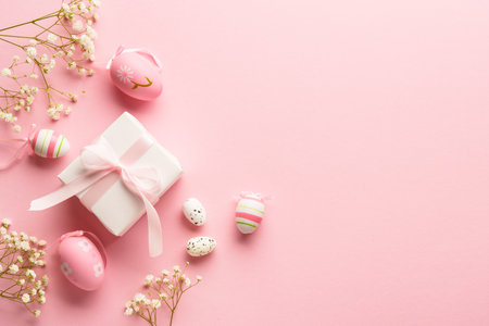 Easter eggs on pink background. Colored eggs, flowers, gift box and holiday decorations. Flat lay with copy space.の写真素材