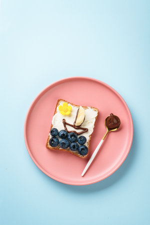 Summer food concept. Toast with berry and chocolate. Flat lay image.の写真素材