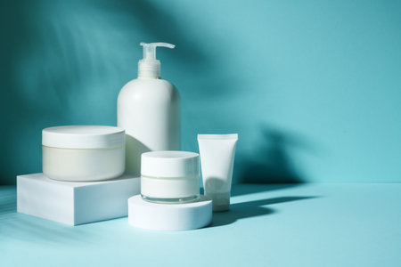 Cosmetic products at podium on blue background. Trendy shadows.の写真素材