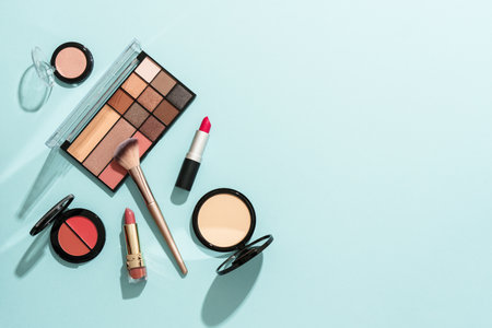 Beauty products on blue background.の写真素材