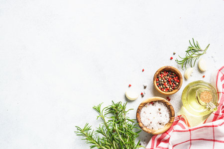 Food background with herbs, olive oil and spices.の写真素材