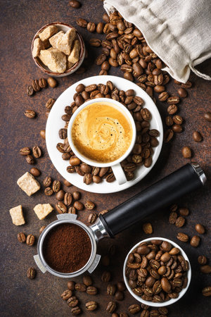 Cup of coffee, roasted coffee beans and filter holder at dark table. Top view, close up, vertical image.の写真素材
