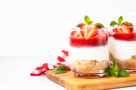 Strawberry cheesecake in glass, no baking dessert.の写真素材