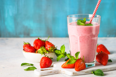 Strawberry smoothie or milkshake with fresh berries.の写真素材