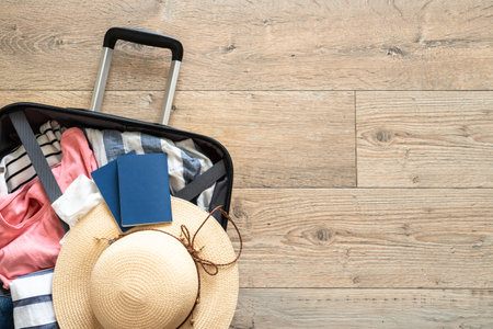 Open Suitcase with summer cloth, hat and passports. Travel concept. Flat lay image on wooden background.の写真素材