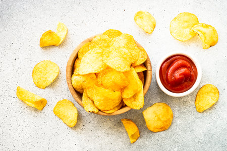 Potato chips and ketchup sauce on white table. Top view.の写真素材