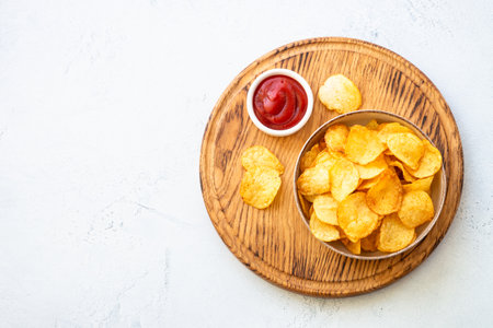 Potato chips and ketchup sauce on white table. Top view.の写真素材