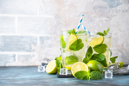 Mojito with rum and lime on black background. Tradition Summer drink with ice.の写真素材