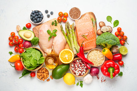 Healthy heart Food background. Fresh vegetables, meat, fish, grains, leaves and fruits. Top view.の写真素材