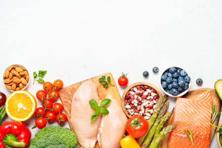 Healthy heart Food background. Fresh vegetables, meat, fish, grains, leaves and fruits. Top view.の写真素材