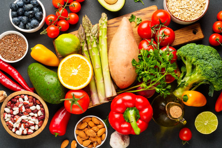 Fresh vegetable, grains, lentils and fruits. Top view, close up.の写真素材