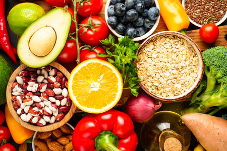 Fresh vegetable, grains, lentils and fruits. Top view, close up.の写真素材