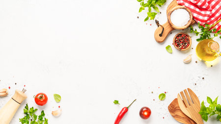 Spices, herbs and vegetables with olive oil on white kitchen table. Food cooking background. Flat lay.の写真素材