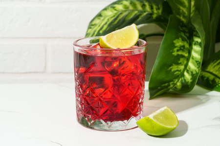 New Yorker red cocktail with whiskey, grenadine, bitter, lime and ice in glass.の写真素材
