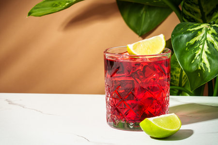 New Yorker red cocktail with whiskey, grenadine, bitter, lime and ice in glass.の写真素材