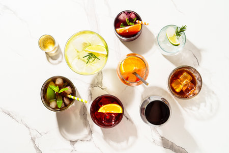 Cocktail party, Alcohol cocktail drinks. Whiskey, margarita, aperol spritz, cuba libre, red wine,...