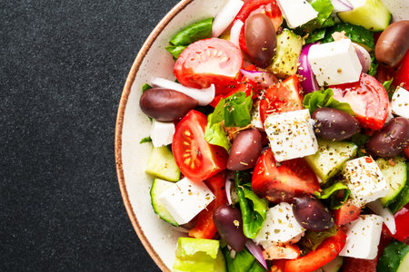 Greek salad, healthy diet food. Close up, macro.の写真素材