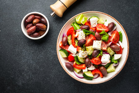 Greek salad in craft plate on black kitchen table. Top view. Vegan food.の写真素材