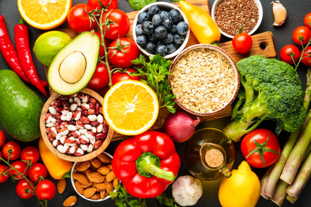 Healthy food assortment. Fresh vegetable, grains, leaves and nuts. Top view.