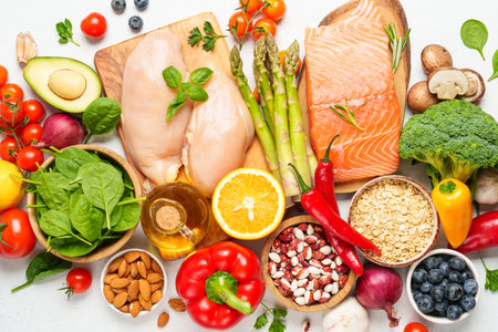 Meat, fish, vegetables, grains and fruits. Selection of food healthy for heart. Top view.