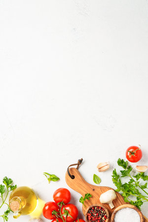 Kitchen table with cooking ingredients. Flat lay image with copy space.の写真素材