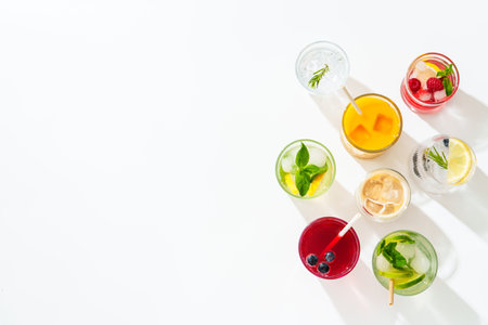 Summer drinks, colored cocktails on white background. Lemonade, mojito, raspberry lemonade, tonic water, orange juice and iced latte.の写真素材