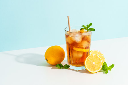 Iced tea, lemonade, Long island. Summer cold drink on colored background with hard shadows.の写真素材