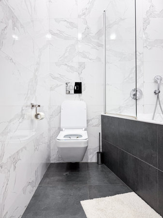 Modern toilet bowl with built-in water tank system in luxury bathroom. White marble tiles on the walls and modern grey floor.の写真素材