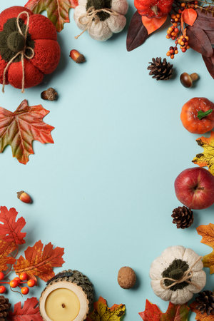 Autumn flat lay background. Knitted pumpkins, falling leaves and crafted candle on blue background.