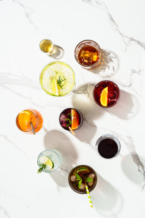 Cocktail party, Alcohol cocktail drinks. Whiskey, margarita, Aperol spritz, Cuba libre, red wine,...