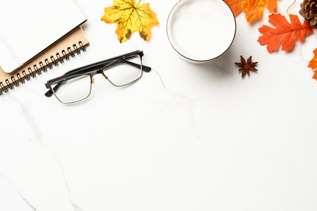 Autumn office desk. Flat lay with space for text.