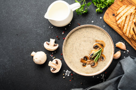 Mushroom soup puree in craft bowl on black kitchen table. Healthy food. Top view.の写真素材