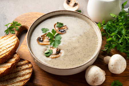 Mushroom soup puree on white kitchen table.の写真素材