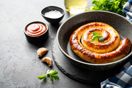 Sausages, grilled meat, pork bratwurst in the pan. Close up.の写真素材