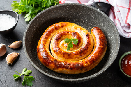 Sausages, grilled meat, pork bratwurst in the pan. Close up.の写真素材