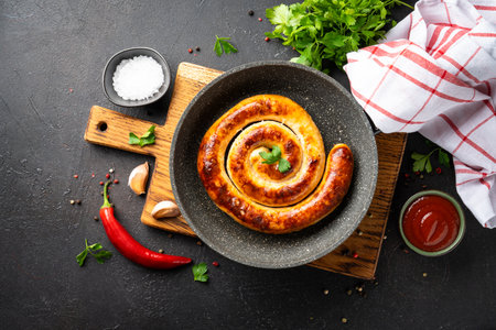 Sausages, grilled meat, pork bratwurst. Top view on dark kitchen table.の写真素材