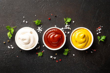 Sauce bowls - mayonnaise, mustard, ketchup on black background. Top view.の写真素材