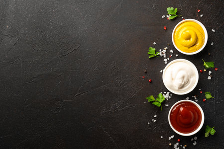 Sauce bowls - mayonnaise, mustard, ketchup on black background. Top view.